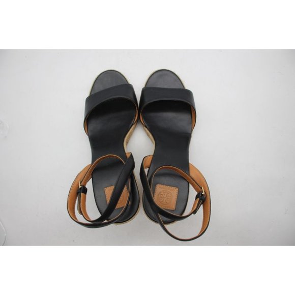 Tory Burch Black Marion Leather Espadrille Trim Quilted Wedge Sandals 9.5 M - Picture 6 of 12